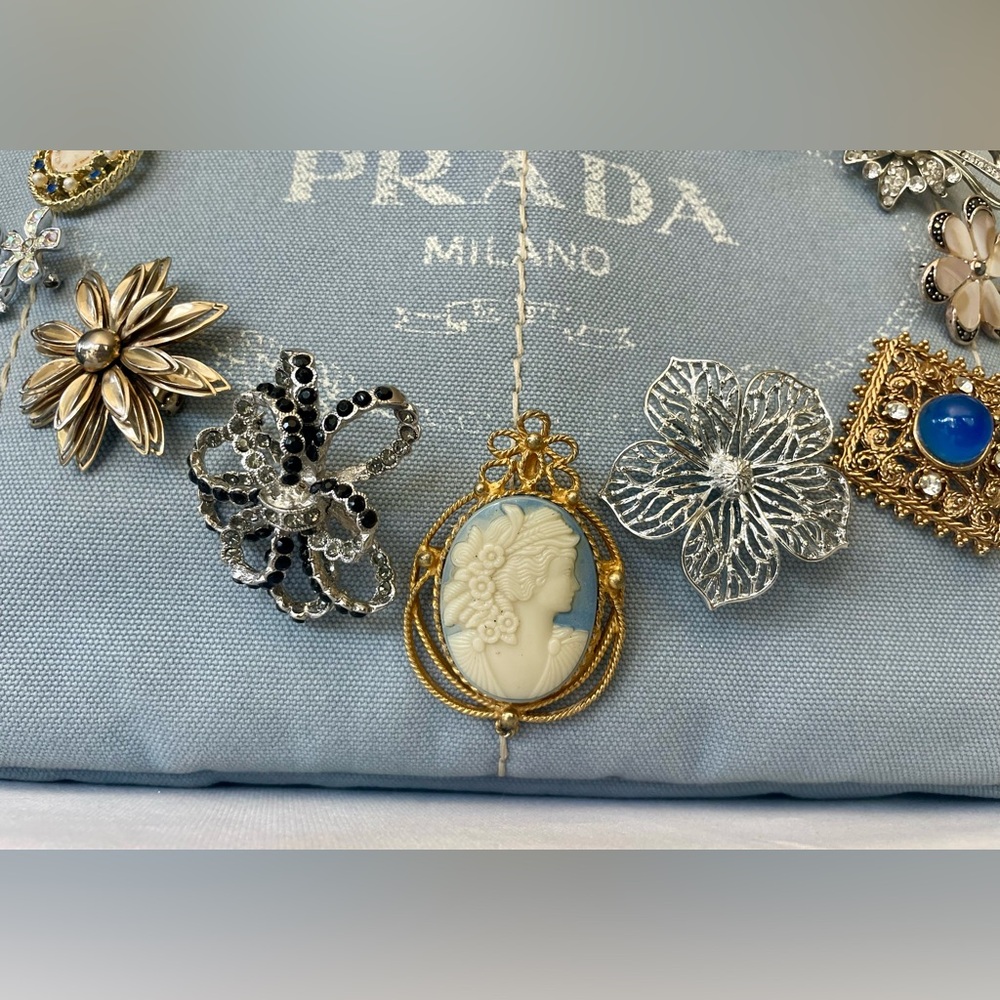 Prada Light Blue Denim Tote, Custom Embellished with 14 Vintage Brooches,16x9x10 - Picture 8 of 16